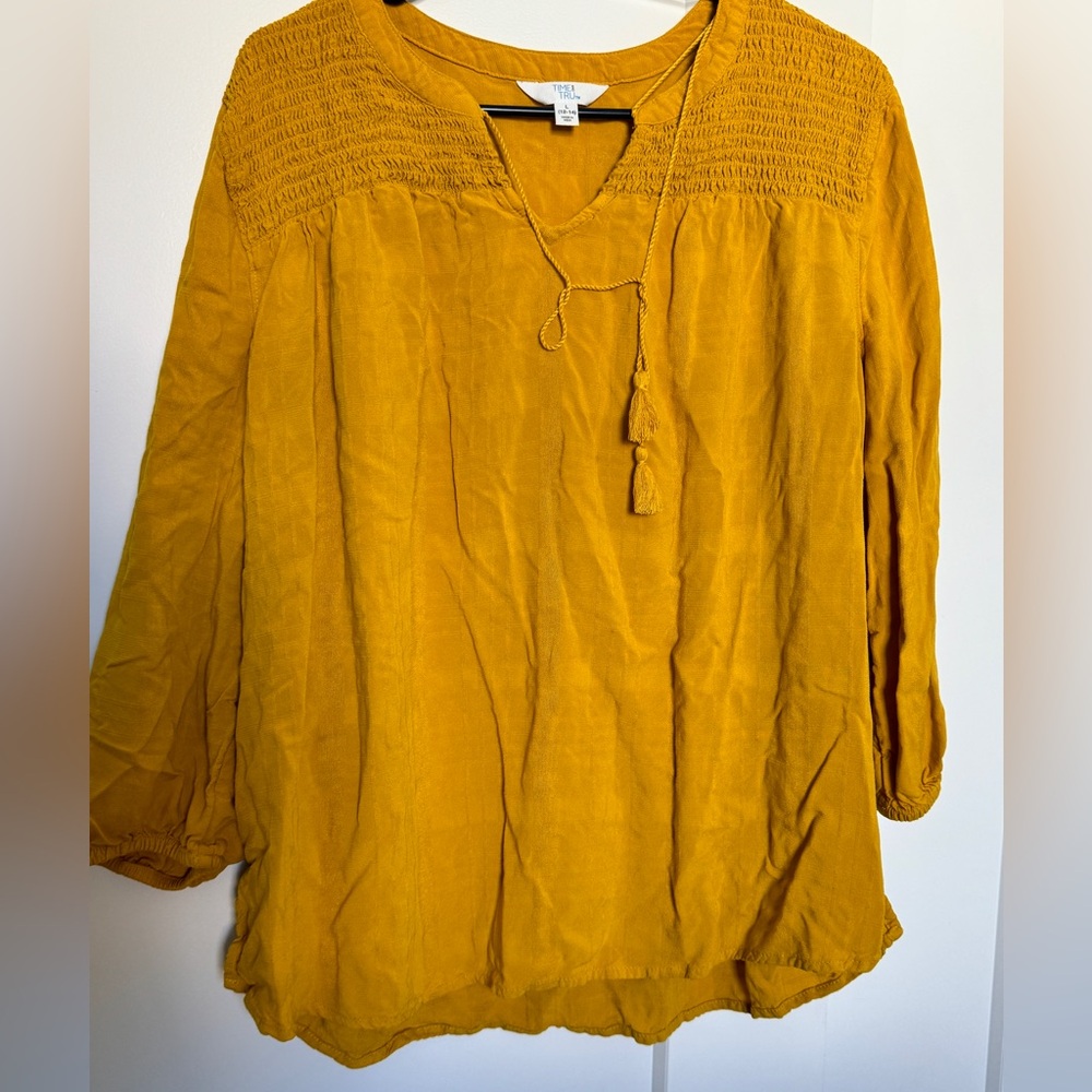 Size L yellow blouse with front tassel tie cottage core peasant top oversized